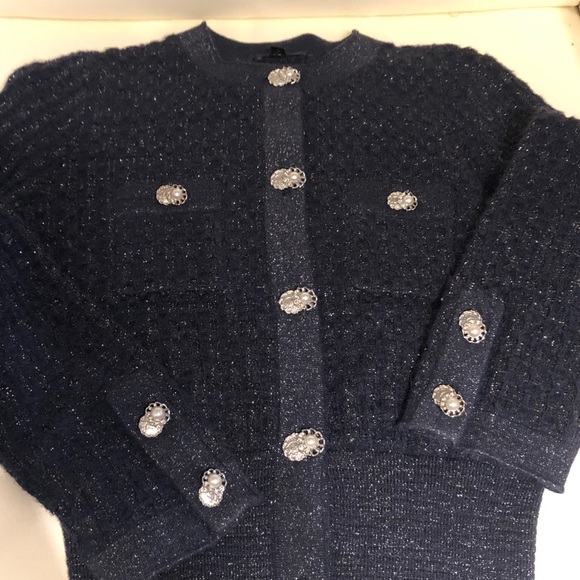 CHANEL cárdigan a rare a gem size 36 in navy blue with silver and black threads - Picture 8 of 9